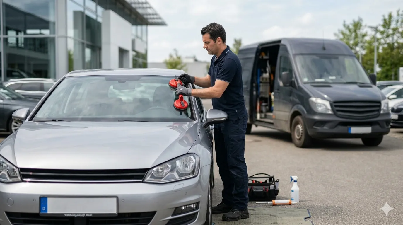 Mobile Reparatur einer beschädigten Fahrzeug-Windschutzscheibe